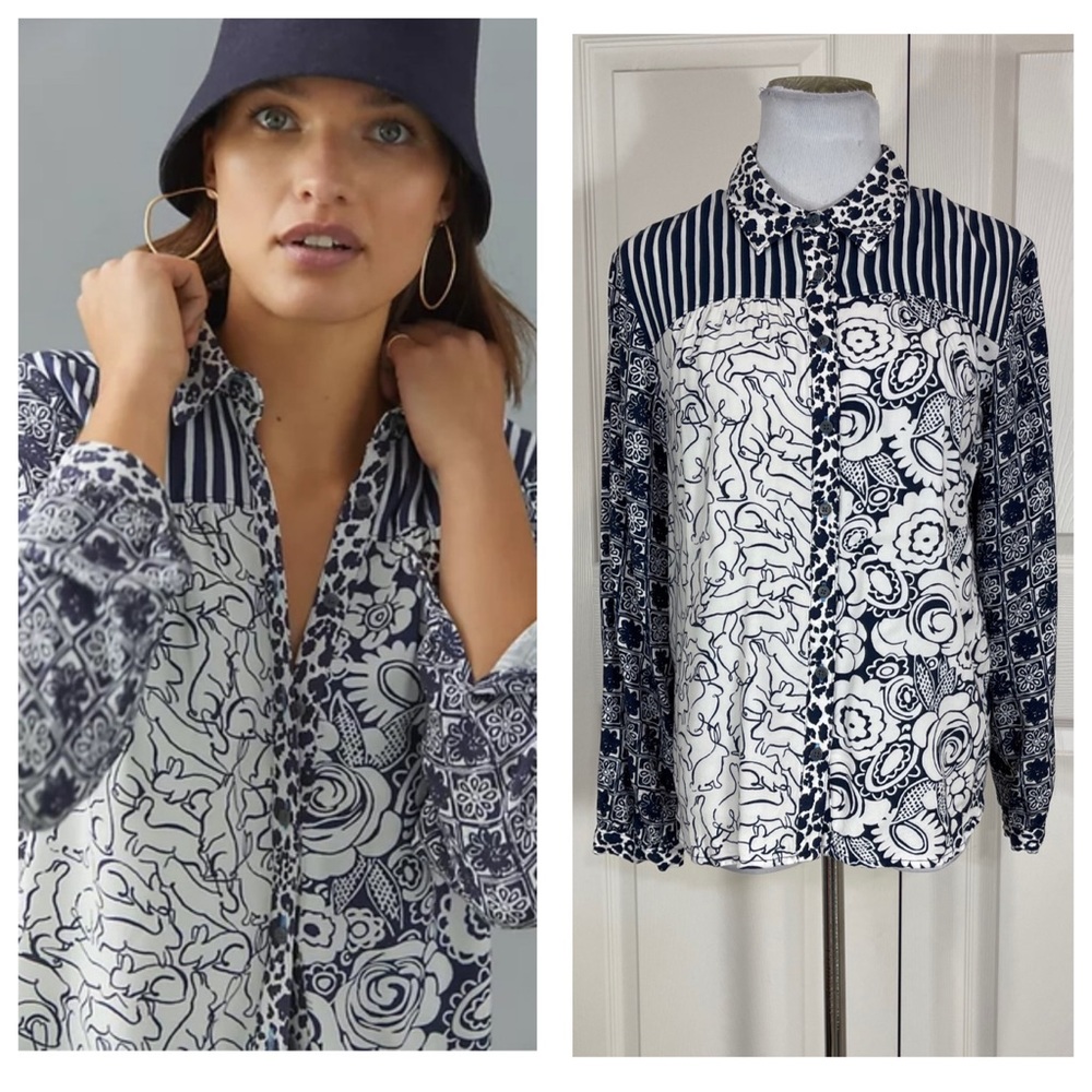 Anthropologie Maeve Contrast Button Down Shirt - blue